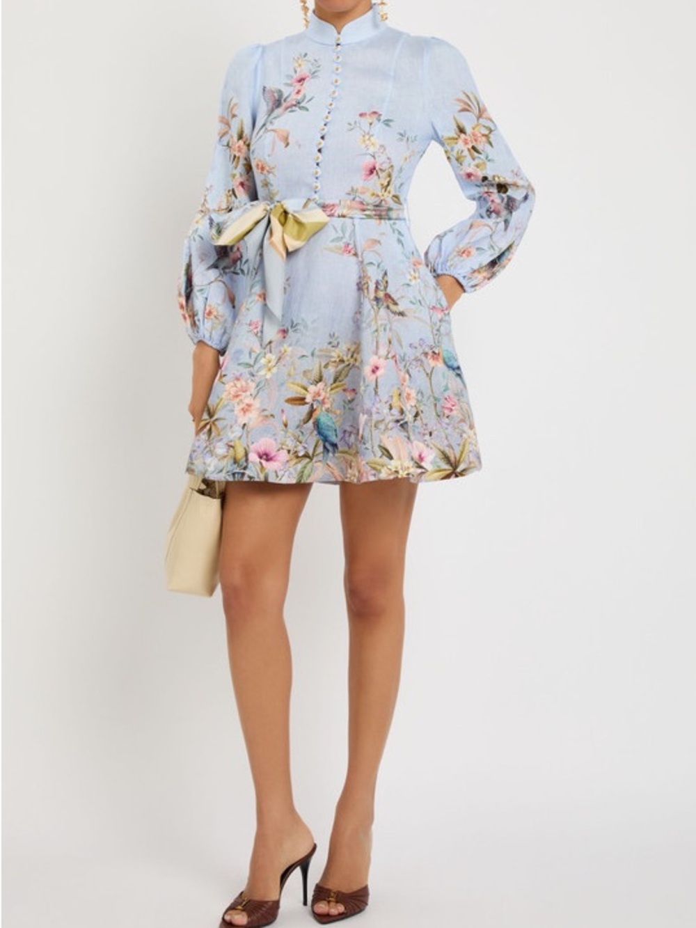 Zimmermann Blue Floral & Bird Print Mini Dress with Sash